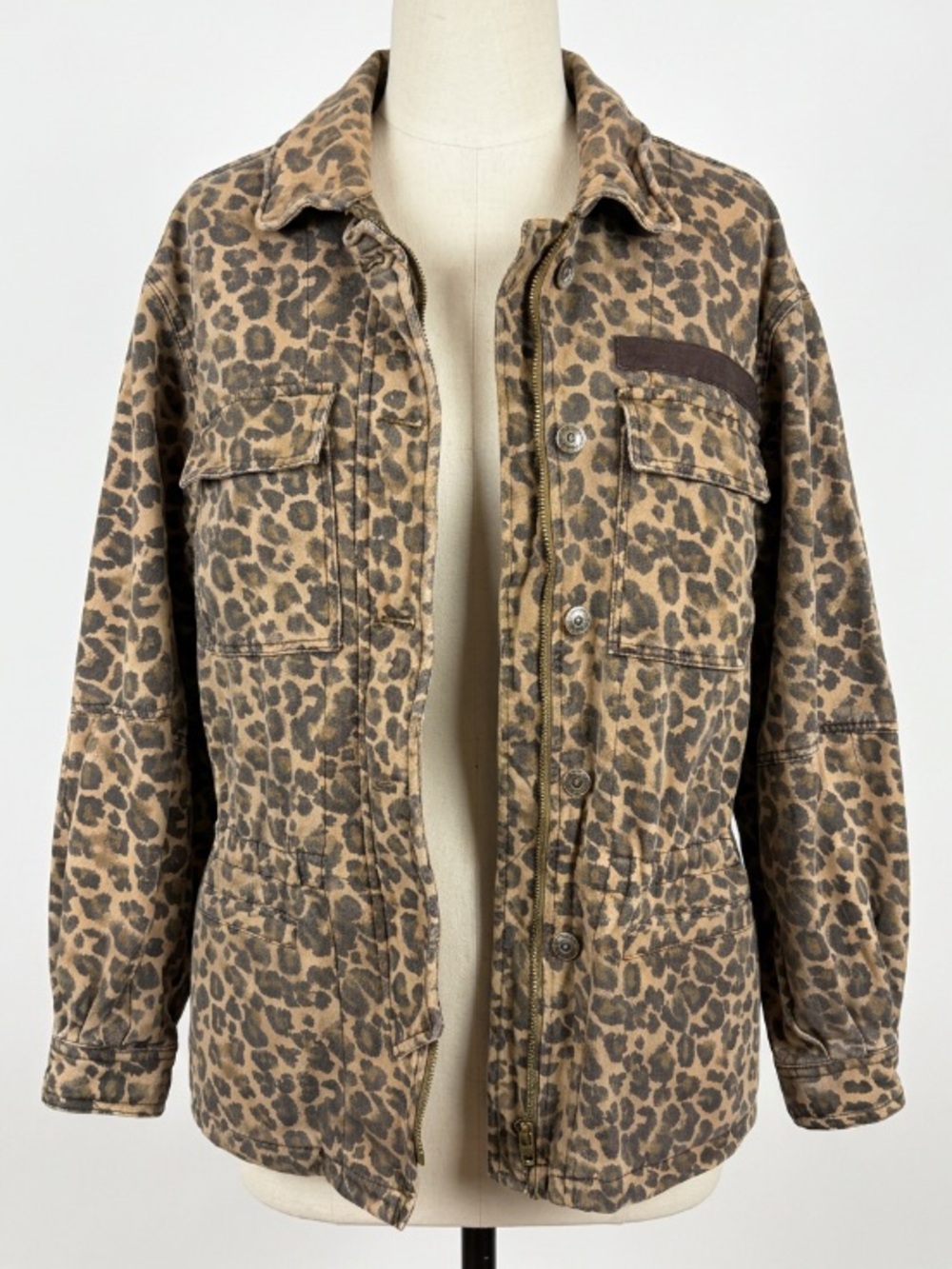 Free People Leopard Print Button-Up Jacket - Brown/Beige Sz S Drawstring Boho - Picture 6 of 12